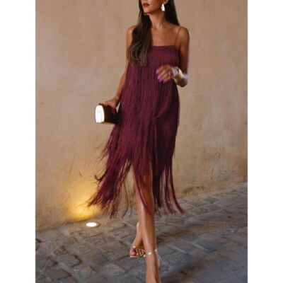 Commense Florence Fringed Burgundy Open Back Short Dress Size Large