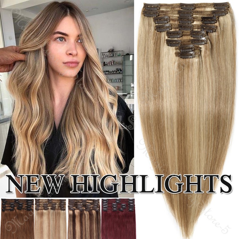 Ashy Highlight Double Thick Weft Clip In Full Head Remy Human Hair Extensions US