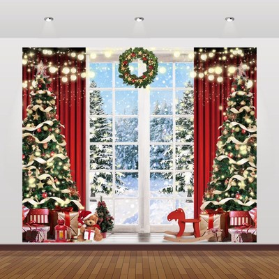 Christmas Backdrop Xmas Tree Window Gift Winter Forest Snow Snowflake Pine Me...