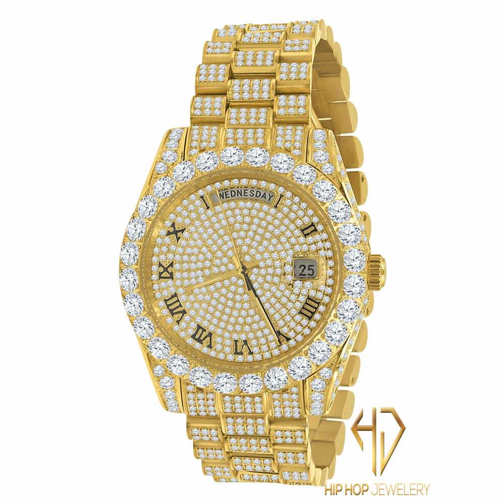 Pre-owned Bling Master 18k Yellow Gold Finish Solid Stainless Steel Day Date Roman Dial Solitaire Bezel