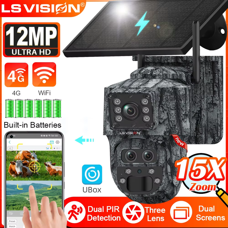 4G Solar Camera 12MP Dual Screen 15X Zoom WiFi Outdoor Hunting Camera Trail Cam