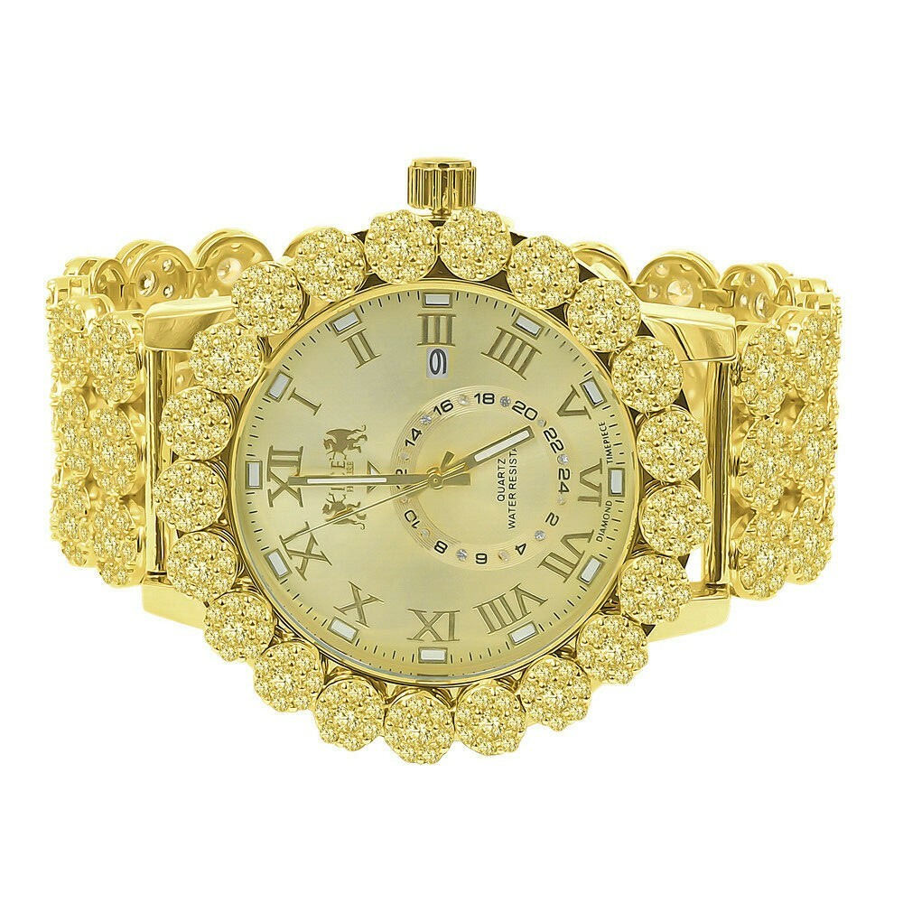 Pre-owned Icy Men's Gold Canary Real Diamonds Roman Dial Flower Band Bezel Gold Tone Watch