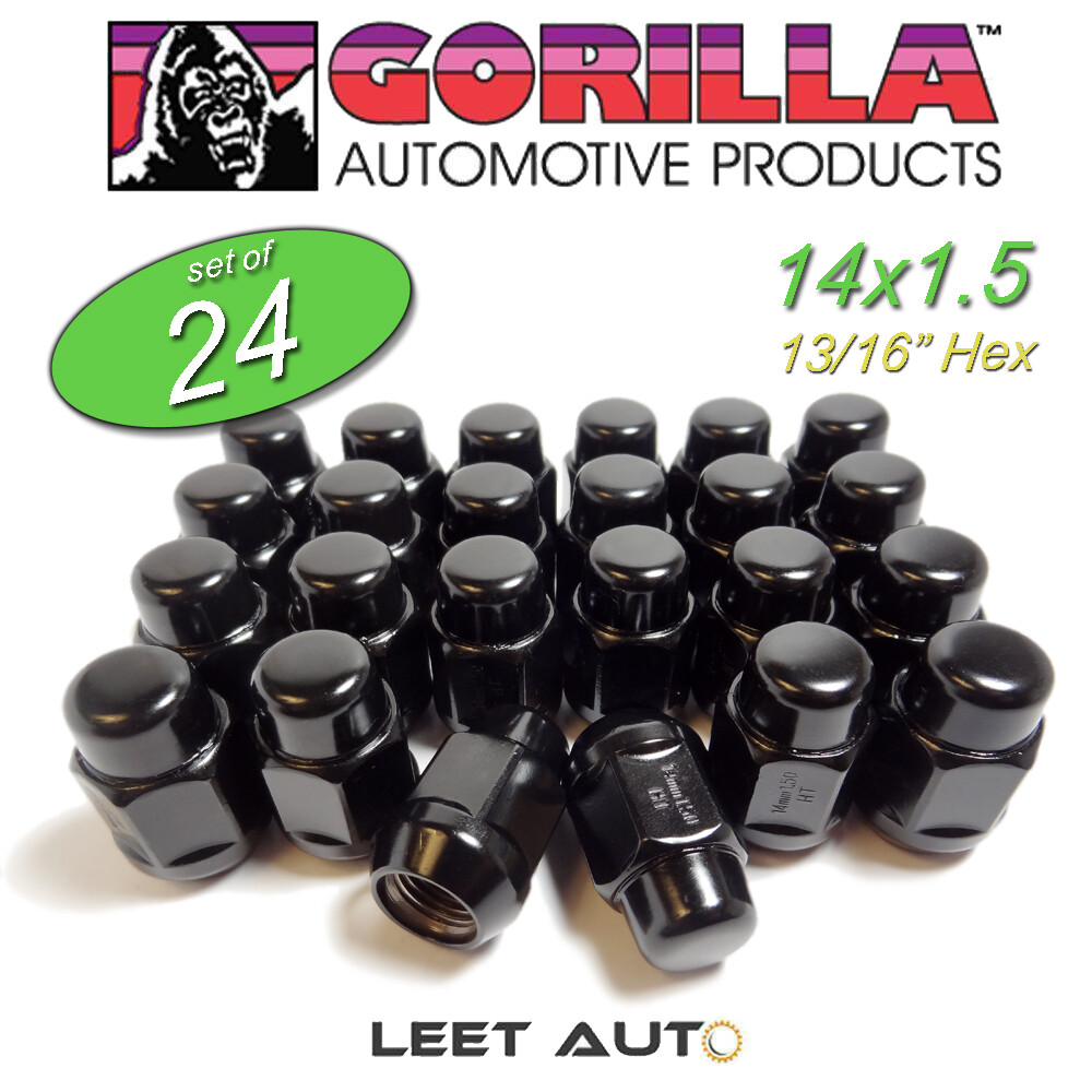 24) Gorilla Lug Nuts, 14mm x 1.50, Black, Bulge Acorn, 13/16