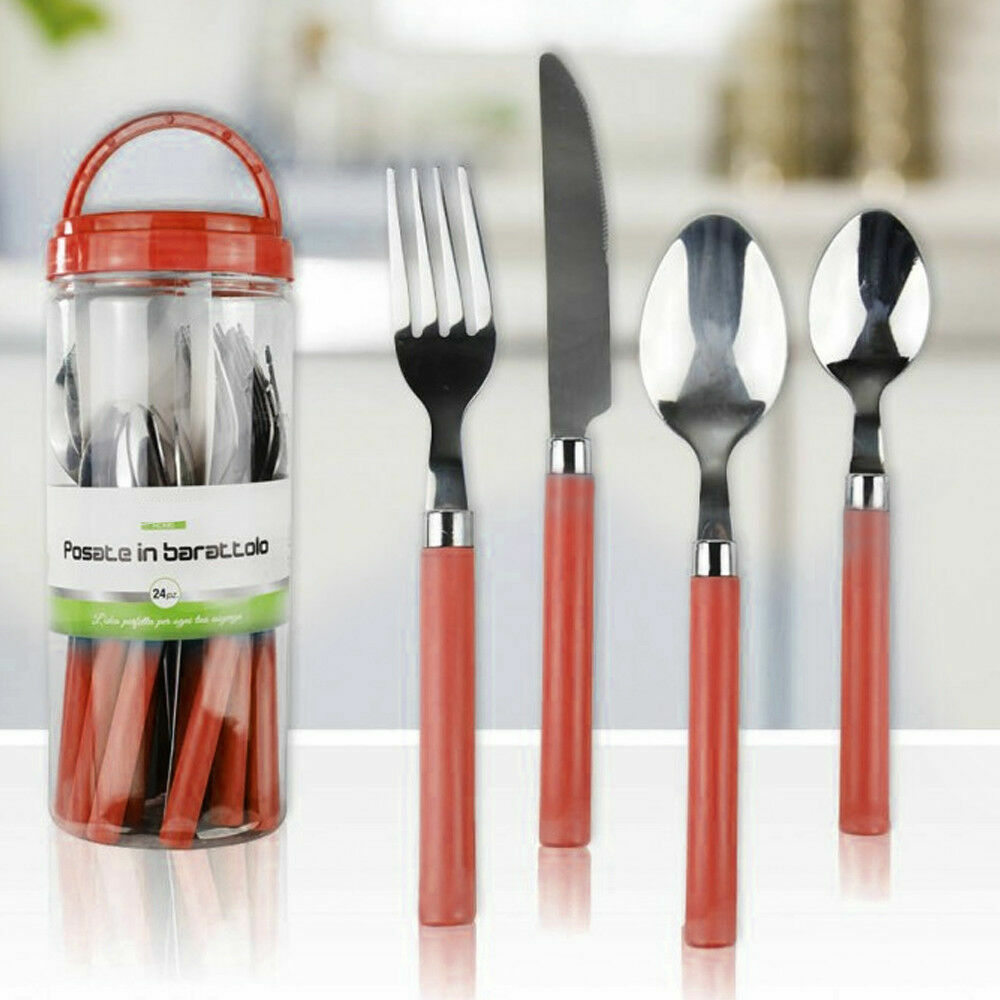 Set Servizio 24 Pezzi Posate In Barattolo Con Manico Rosso Cucina idea