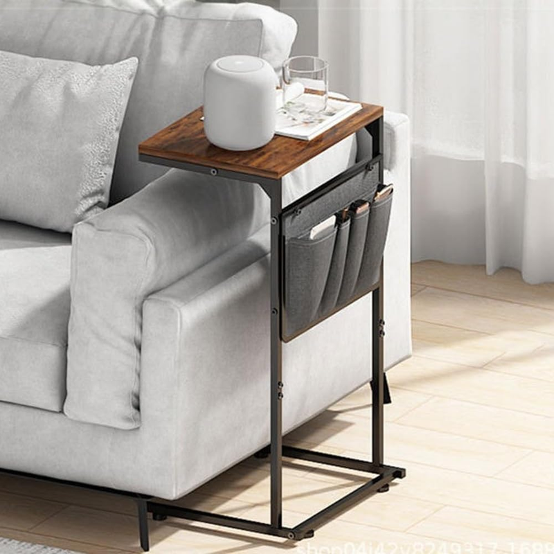 C Shaped End Table, Sofa Arm Tray Table with Storage Bag  Couch and Recliner, Sofa Tray Desk  Living Room, Bedroom, Couch Rustic Brown