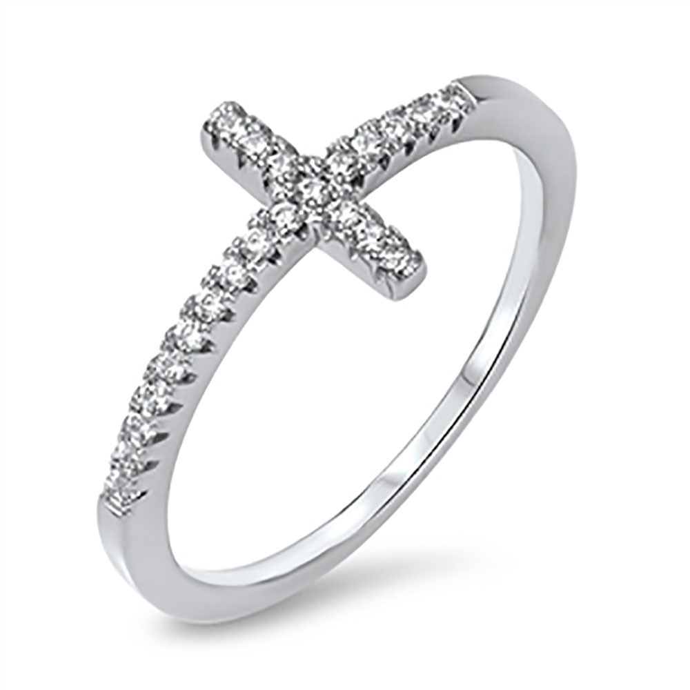 Sterling Silver .925 CZ Women's Sideways Cross Crucifix Fashion Ring