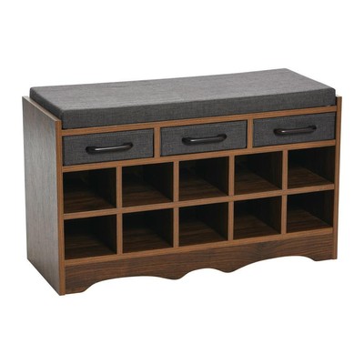 HOUSEHOLD ESSENTIALS Shoe Storage Bench 19.75''X32'' 10-Pocket Mid-Century Walnut