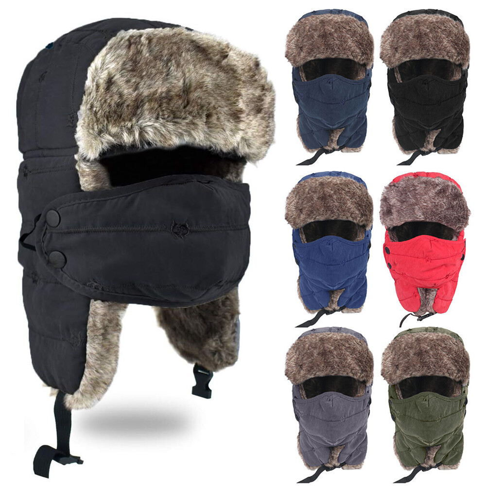 Winter Thermal Fur Lined Aviator Hat with Ear Flap Full Face Cover for Men Women