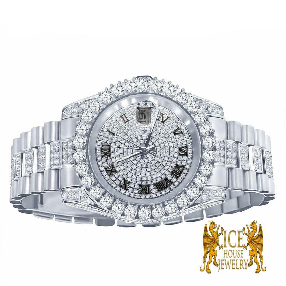 Pre-owned Bling Master 18k White Gold Solid Stainless Steel Simulated Diamonds Presidential Watch 41mm