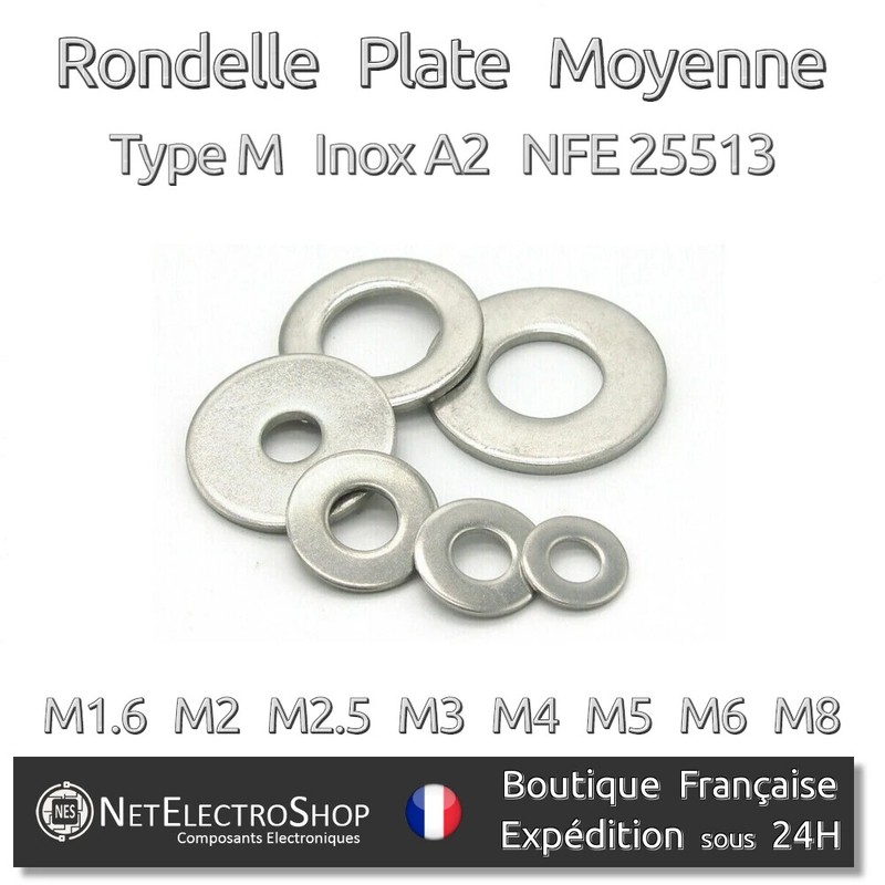 Rondelle Moyenne (M) Inox A2, M1.6 M2 M2.5 M3 M4 M5 M6 M8, Lot 5 Ã  100 Pcs