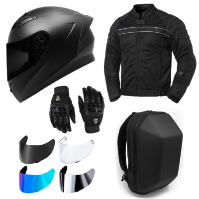 MOTORCYCLE SAFETY GEAR BUNDLE -- Helmet Jacket Gloves Backpack Shields