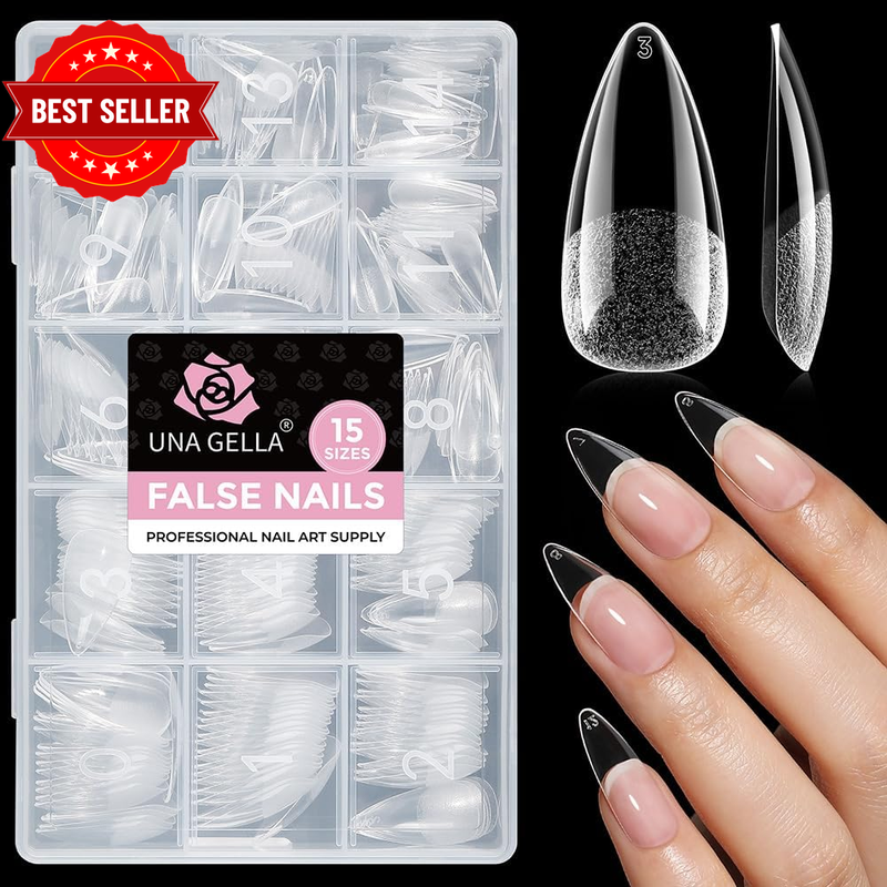 Stiletto Gel Nail Tips Medium 15 Sizes 300PCS Pre-Etched Clear Acrylic Nail Tips