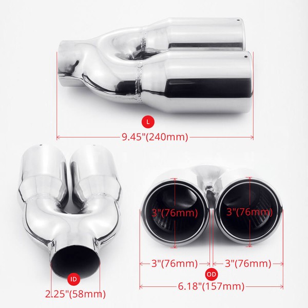 Resonated Dual 3" Out Exhaust Tip 2.25" Inlet Round Straight Cut