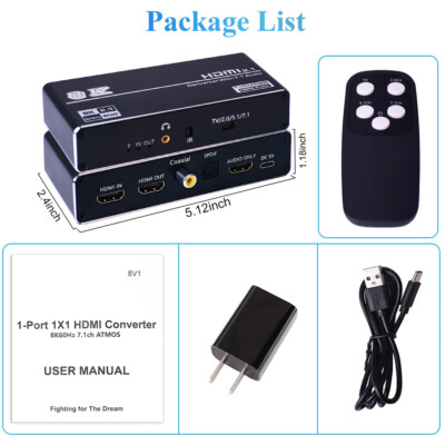 8K 60Hz HDMI 2.1 Audio Extractor Converter Splitter 4K 120Hz 7.1 Dolby Atmos HDR