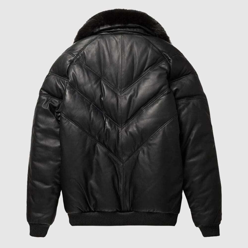 Pre-owned Handmade Men's V-bomber Sheep Leather Faux Down Goose Bomber Jacket With Fox Fur Collar In Black