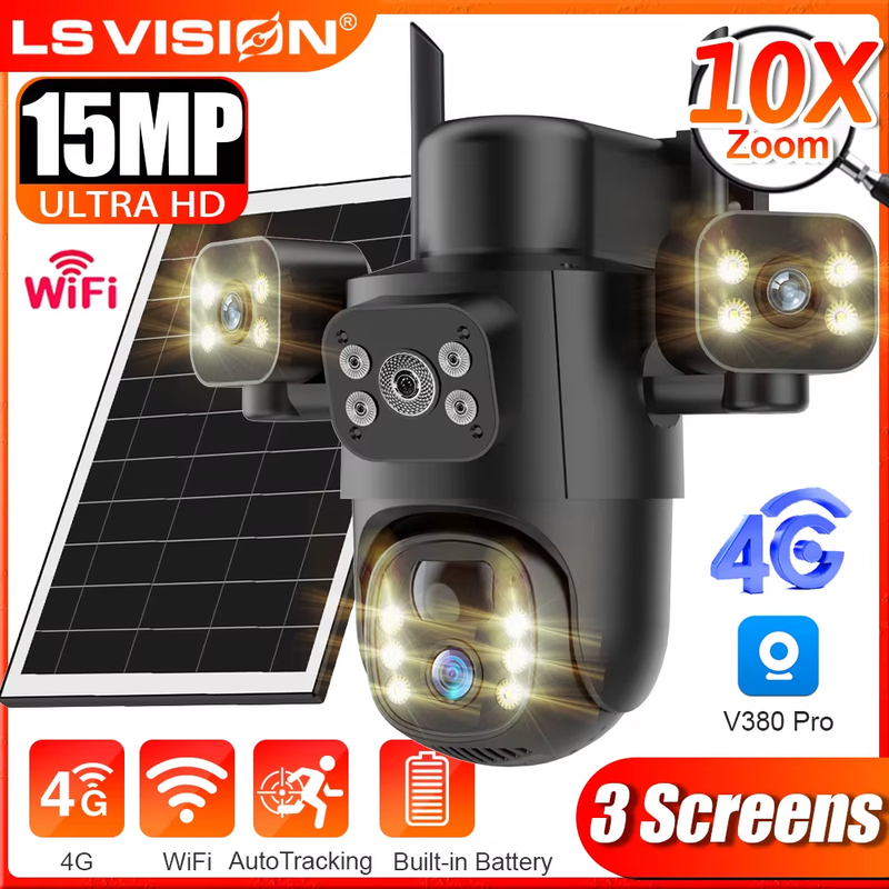 15MP 4G Solar Camera Three Screen Outdoor IP Camera 10X Digital Zoom PTZ PIR Hum