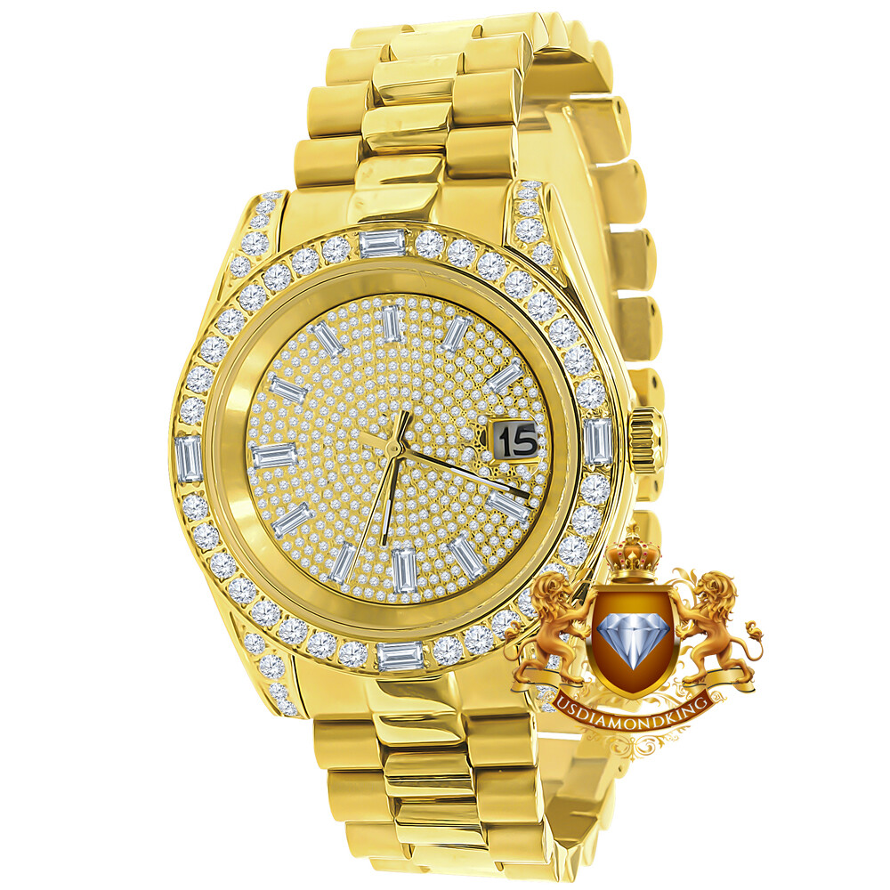 Pre-owned Bling Master 18k Yellow Gold Tone Solid Steel Baguette Simulated Diamond President Watch 40mm