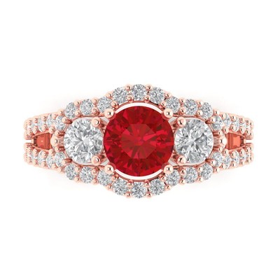 2.16Ct Round Simulated Ruby Rose Gold Solitaire with Accents Three-Stone Ring