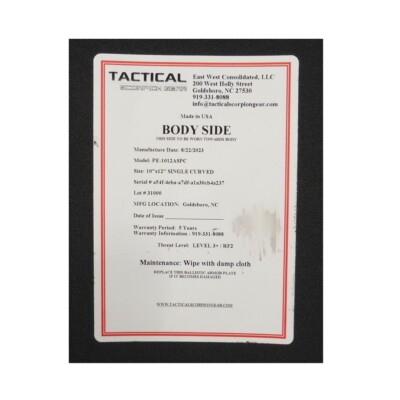 Tactical Scorpion ASP Active Shooter Protection Body Armor Plates Level III+