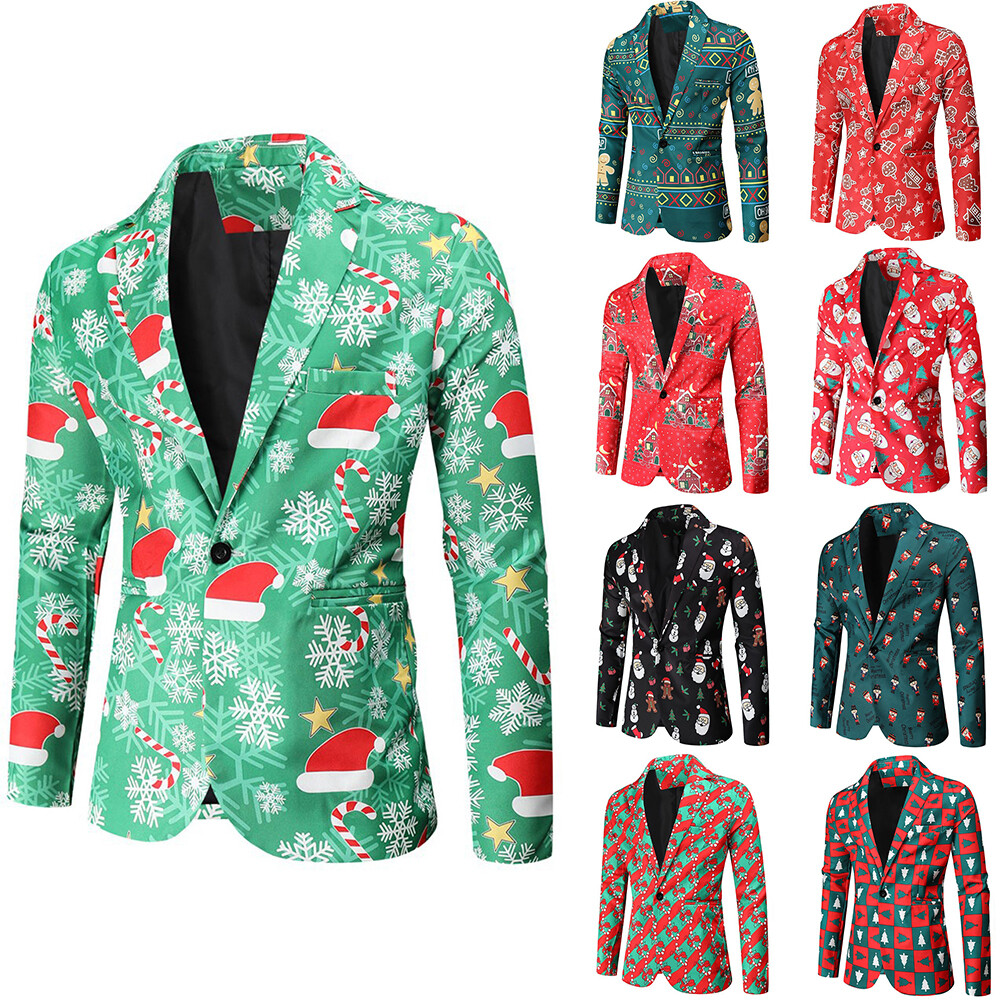 2PCS Mens Christmas Printed Suit Blazer Jacket + Pants Xmas Costume Outfit Set