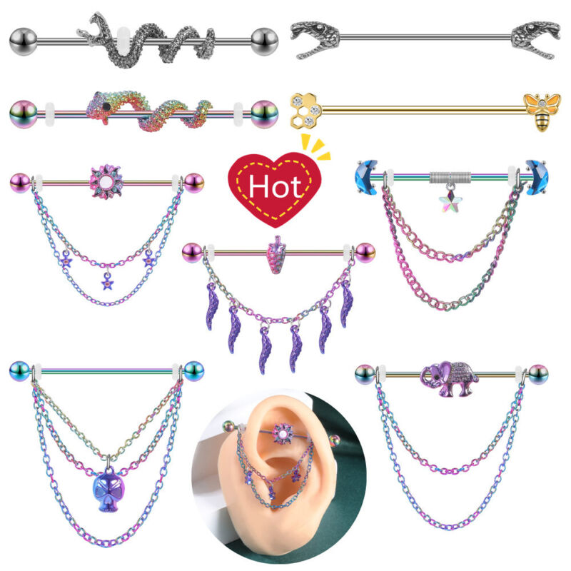 14g Stainless Steel Industrial Barbell Piercing Snake Skull Chain Dangle Jewelry