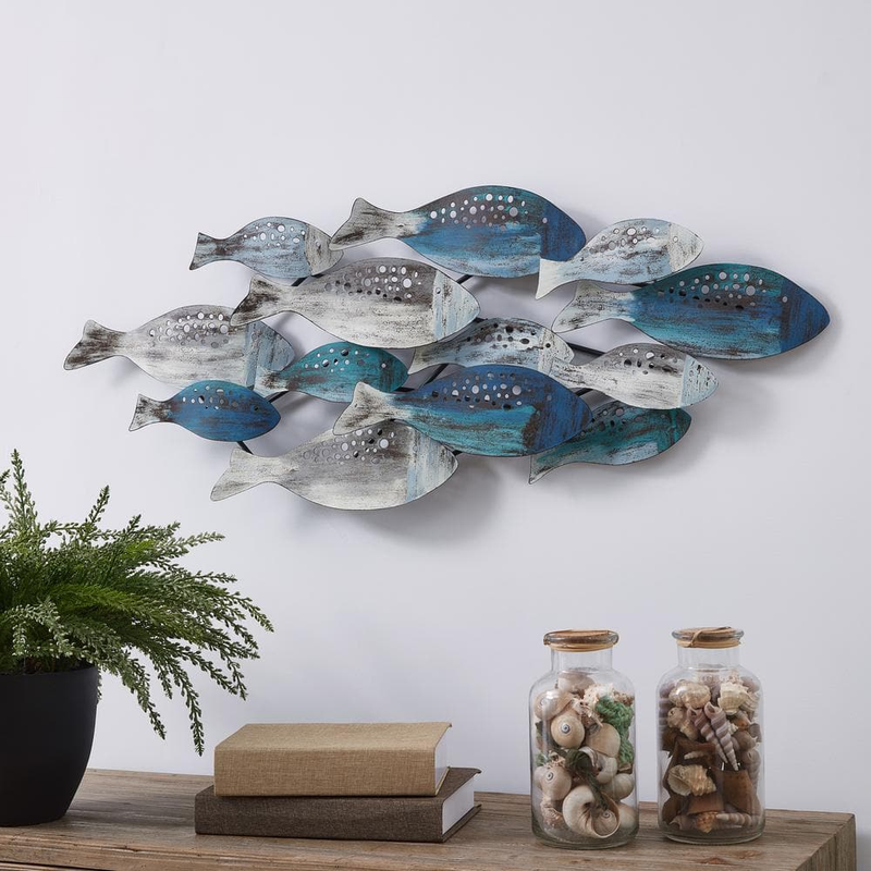 Fish Metal Wall Art Sea of Life Blue Coastal Modern Home Sculpture Decor