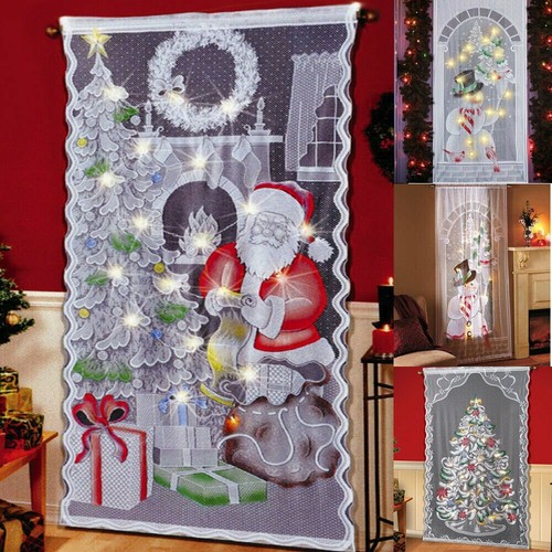 Christmas Snowman Tree Santa Claus Led Net Lace Door Drop Curtain