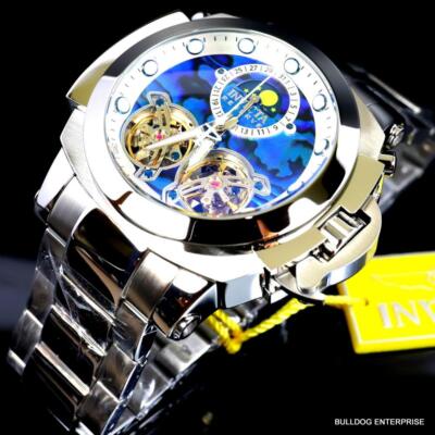 Pre-owned Invicta Man Of War Double Open Heart Automatic Moon Blue Abalone Watch
