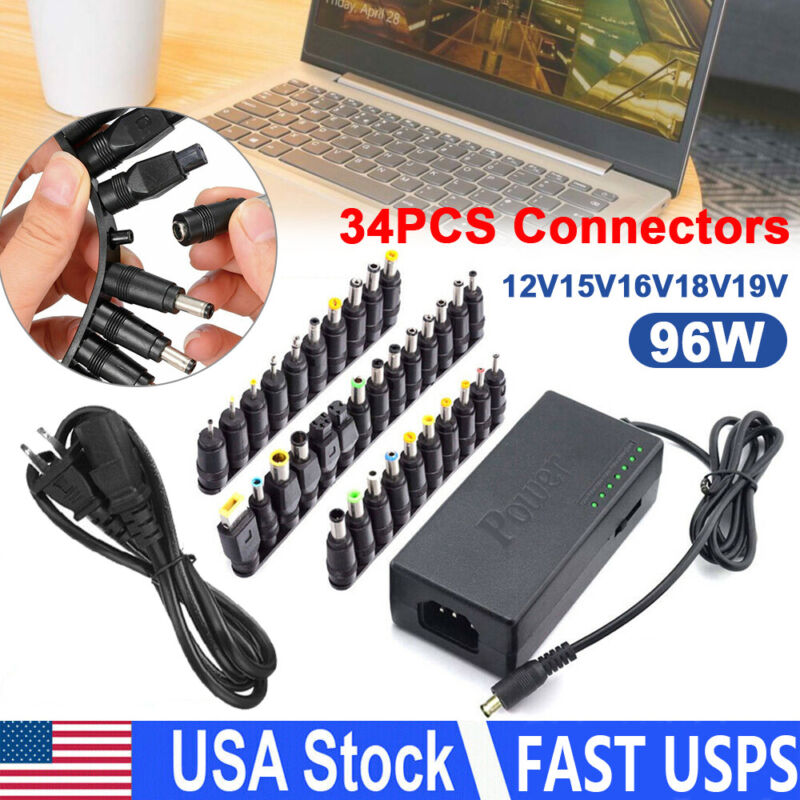 96w Universal Laptop Charger Adapter W/ 34 Tips For Notebook Adjustable Power Us