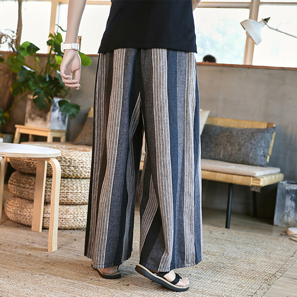 Men Loose Linen Cotton Striped Pants Casual Ethnic