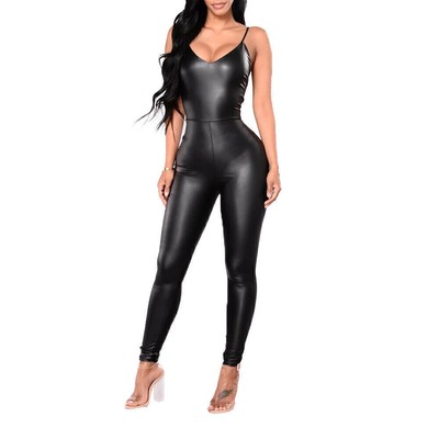 US Women's Sexy Skinny Backless Jumpsuit PU Leather Playsuit Zipper Romper Pants