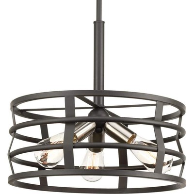 Progress Lighting Industrial Cage Pendant 3-Light 15''X16'' Metal Drum Graphite