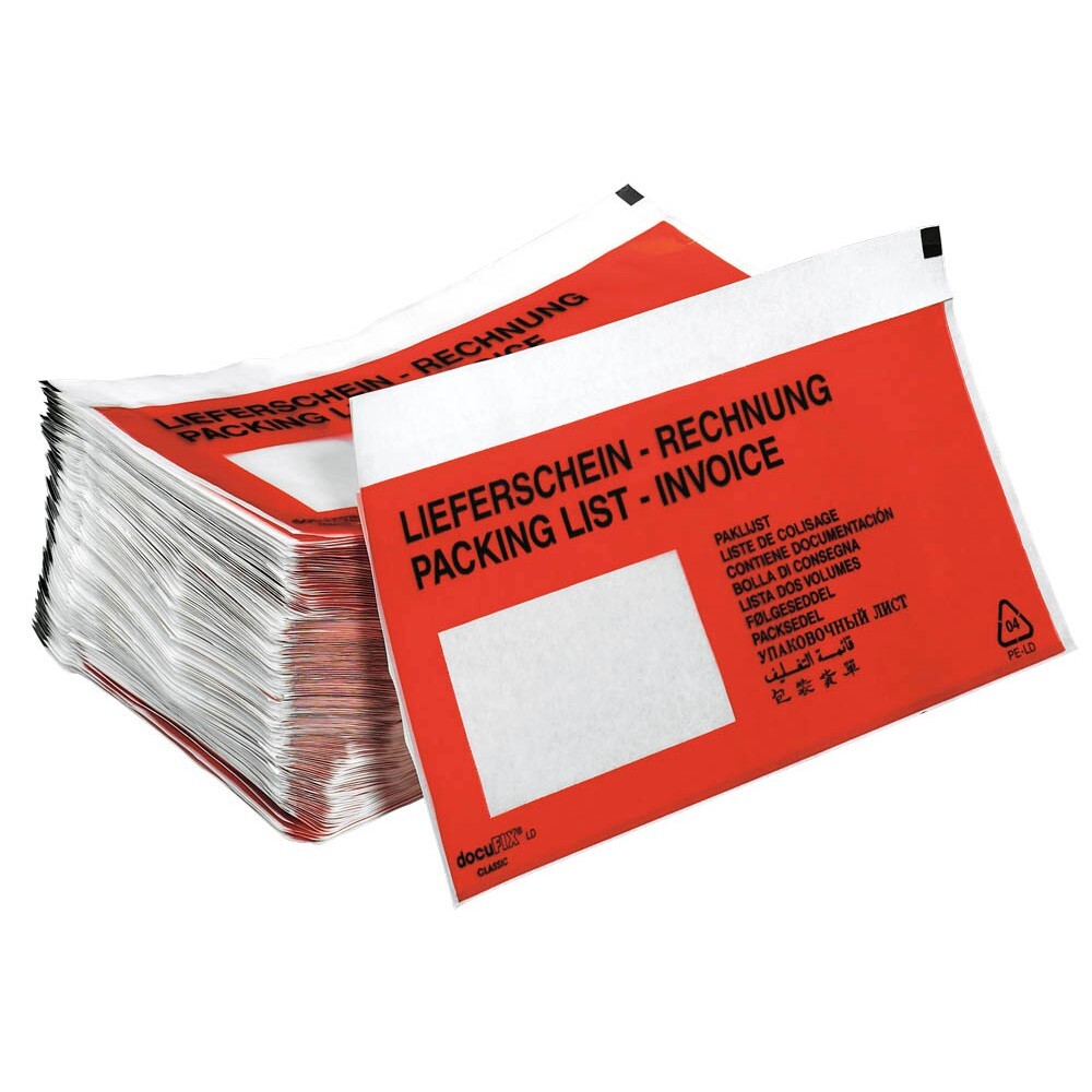 1000 Dokumententaschen DIN Lang Lieferschein / Rechnung rot mit Fenster