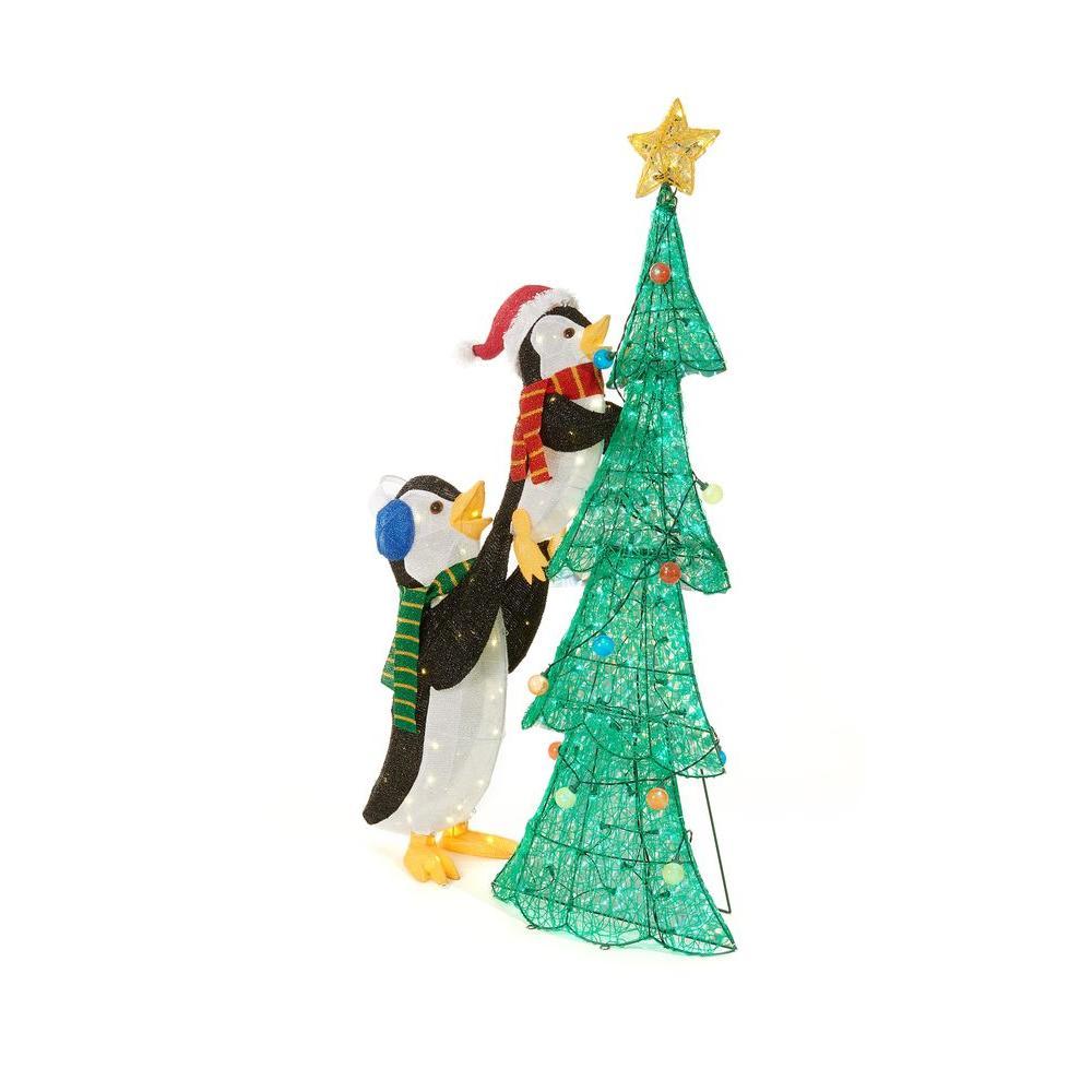 62 in. Christmas Decorations LED Lighted Tinsel Penguins with Christmas Tree