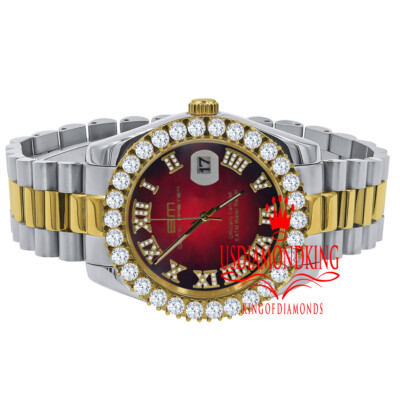 Pre-owned Bling Master 18k 2 Tone Gold Solid Steel Red Dial Simulated Diamond Presidential Mens Watch