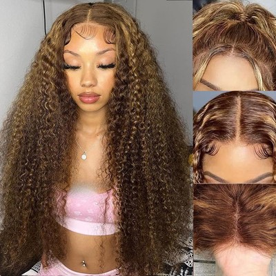 Deep Wave Ombre Highlight Lace Front Wigs Human Hair 180% Density 13x4 HD Tra...