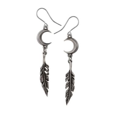 Alchemy Gothic PAGAN DREAM CATCHER EARRINGS, Raven Feathers Crescent Moons