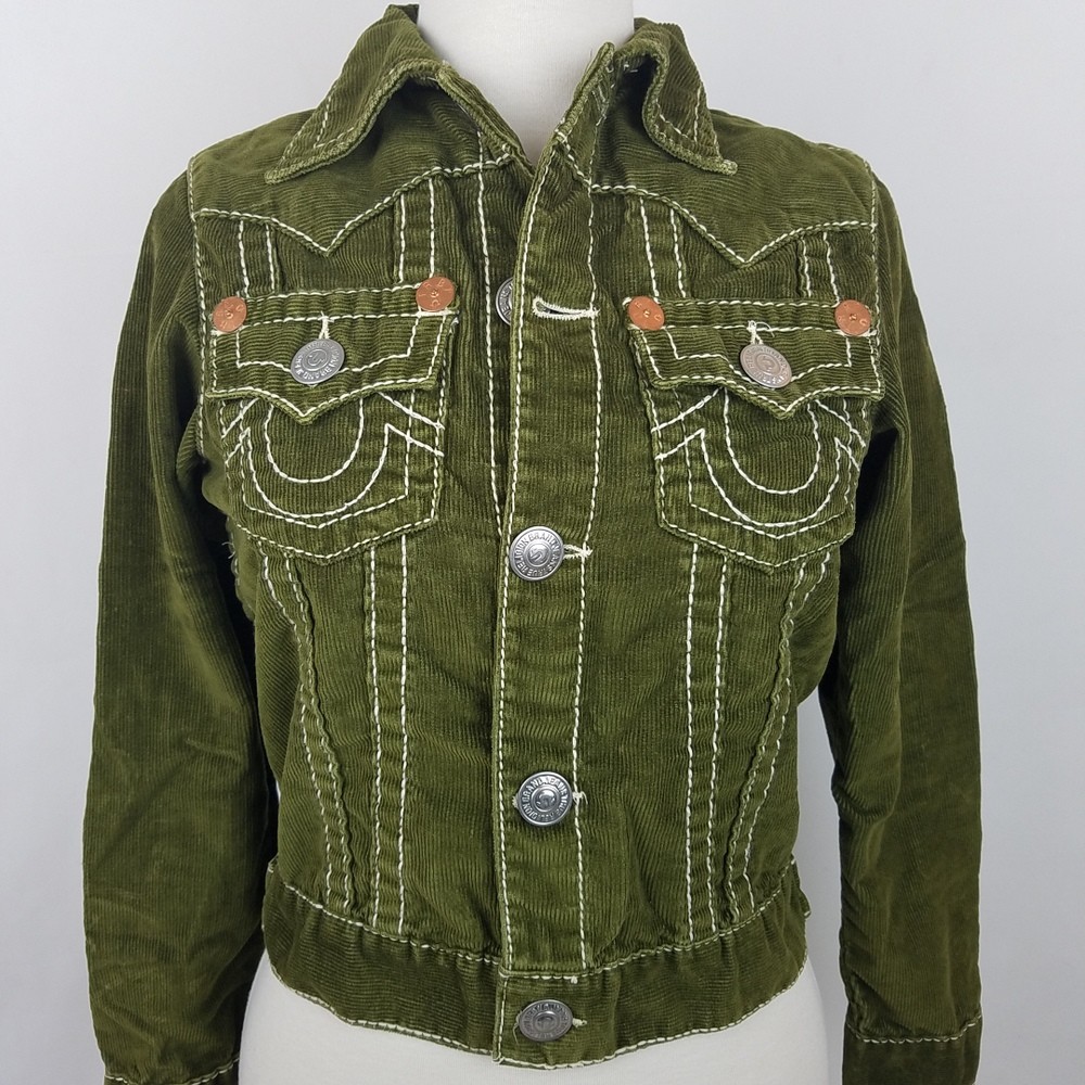 True Religion Jacket Girls Jimmy Corduroy Size Large Coat Contrast Stitch Green