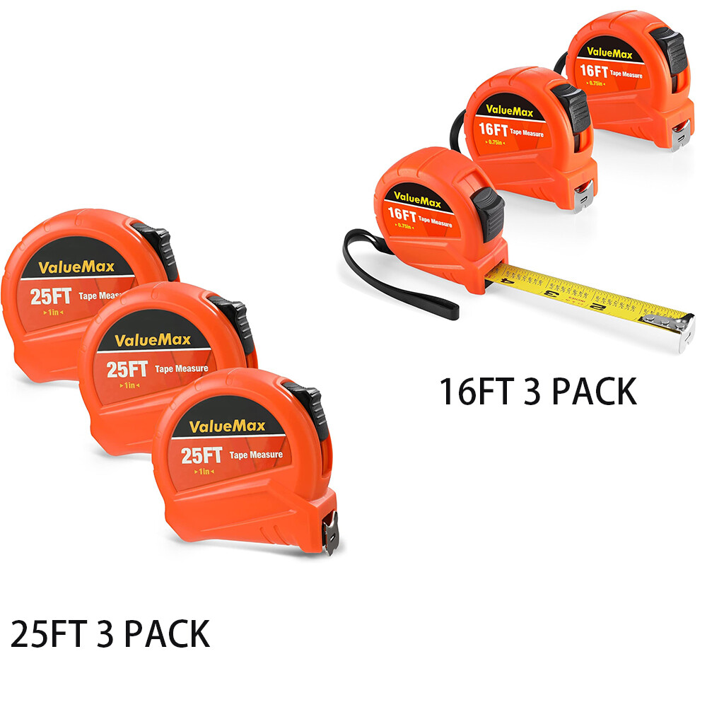 ValueMax 25FT/16FT Tape Measure Set 3 Pack with Fractions 1/8 Retractable Orange