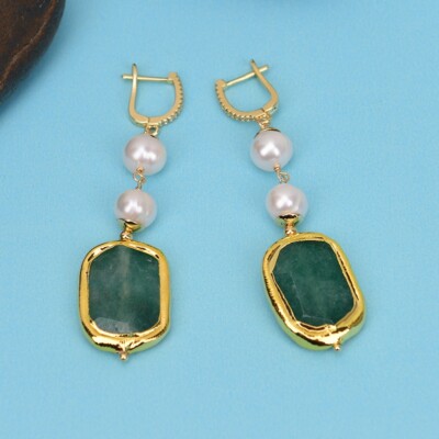 Cultured White Potato Pearl Gold Plated Green Strawberry Quartz CZ Hook Earrings
