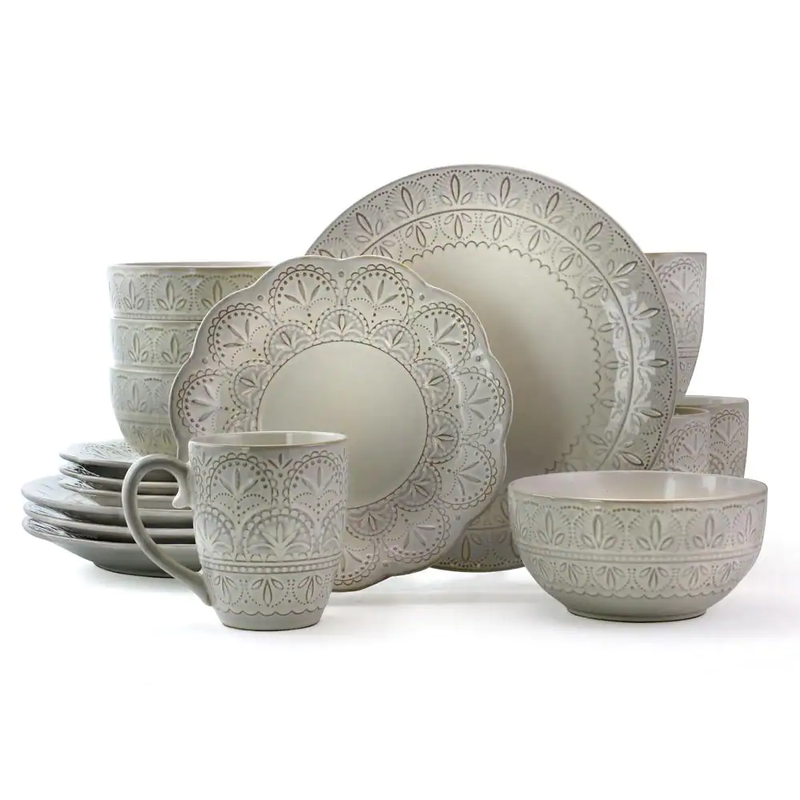 Elama 16 Piece Dinnerware Set Service For 4 Dinner Plate White Scallop Stoneware