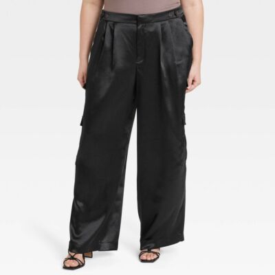 Атласные брюки-карго New Day Womens Plus прямого кроя с высокой посадкой 32, глянцево-черные 17