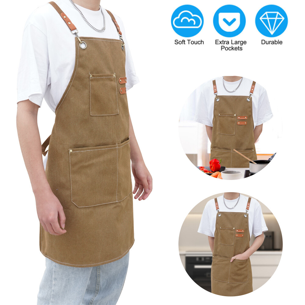Men Women Thick Canvas Denim Bib Apron Kitchen Cooking Workshop Heavy Work Apron