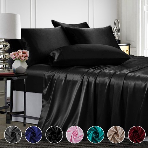 4 Pcs Smooth Satin Silk Sheet Set Deep Pocket Bed Sheet Wrinkle Fade Resistant