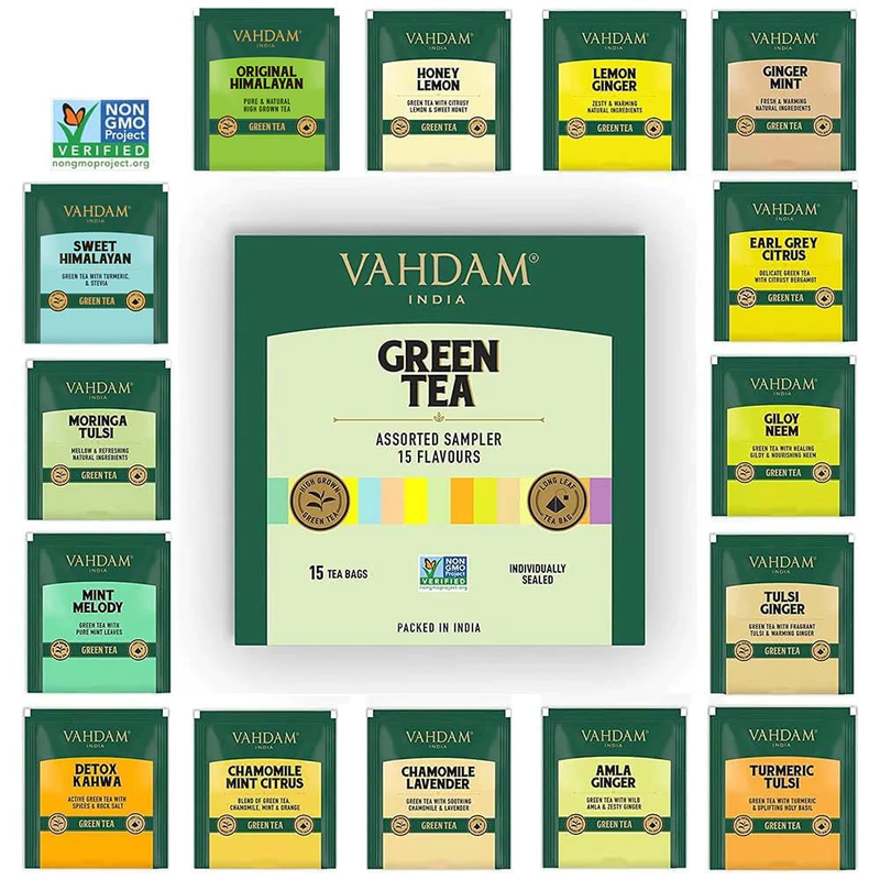 , Assorted Green Tea Sampler Variety Pack (15 Flavors, 15 Tea Bags) Christmas Gi