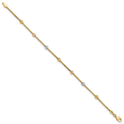 Pre-owned Superdealsforeverything Real 14kt Tri-color Diamond-cut 7-station Bead And Chain Bracelet