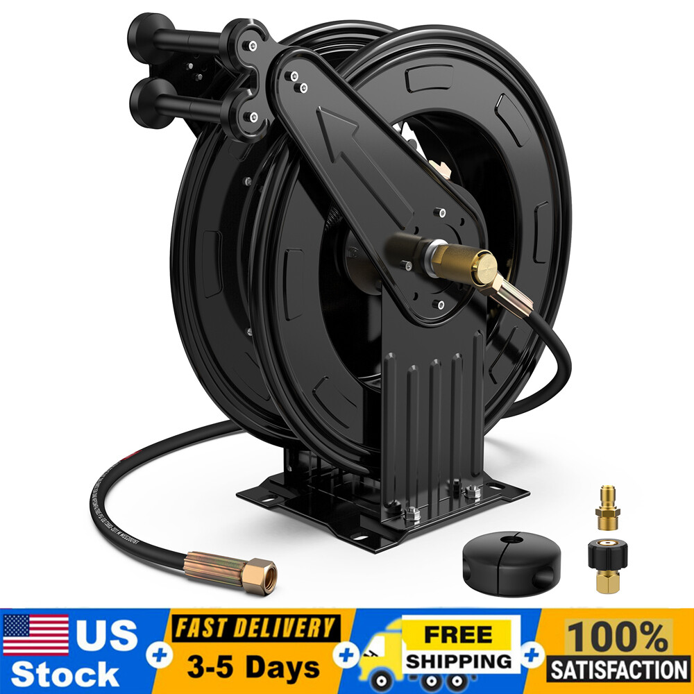 Premium Steel Retractable Air Hose Reel Dual Arm, 3/8"x50Ft Hose with 5 ft Lead
