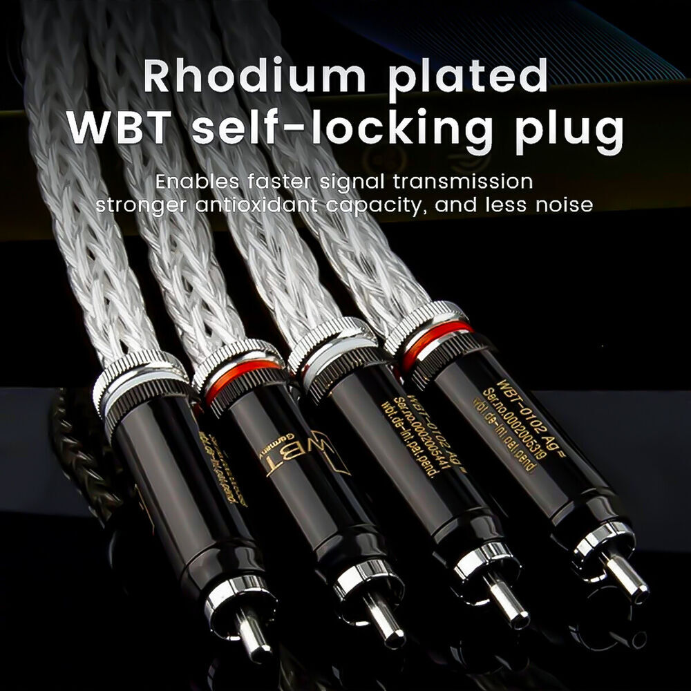 Pair 8AWG OCC Silver Plated RCA Male Plug Cable HiFi Audio Interconnect Cord