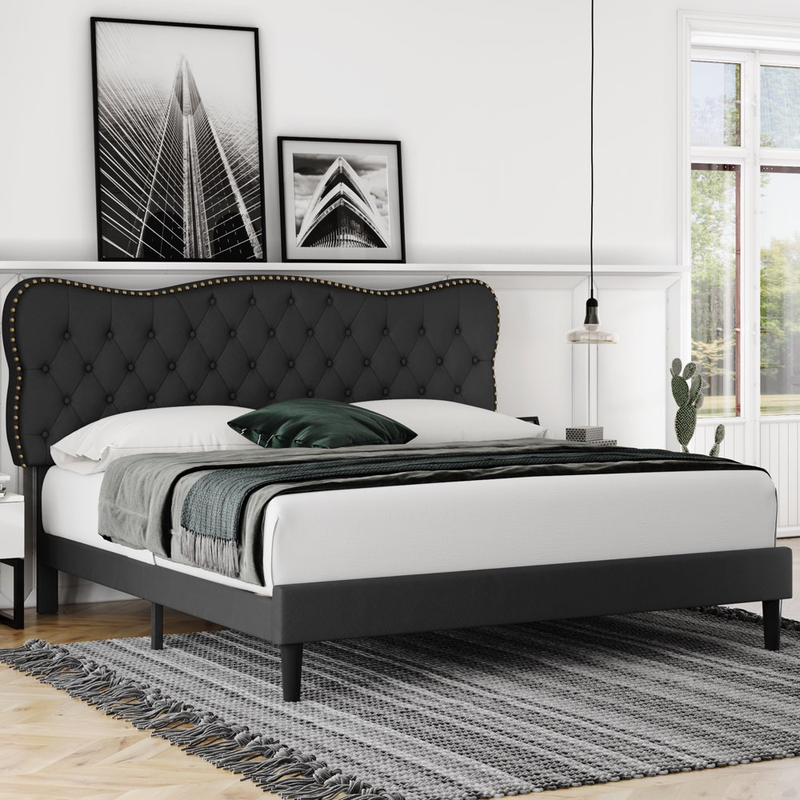 Bed Frame Upholstered Linen Fabric Wooden Slat Button Tufted Headboard King Size