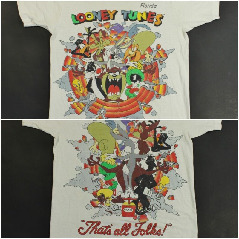VTG 90s Single Stitch Looney Tunes Double Sided White Tee Shirt 1994 Florida